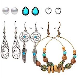 Six pairs of boho silver earrings wood with turquoise